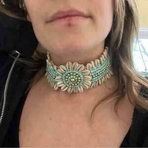 Blue and Cream Beaded Necklace with Floral Design